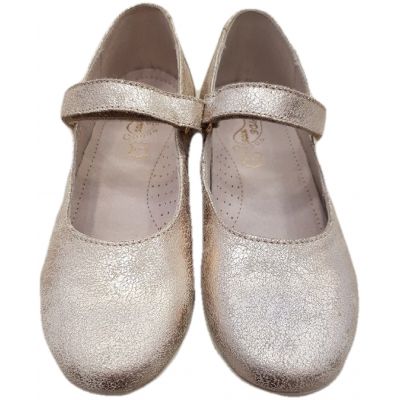 Pantofi fete, din piele naturala, model balerini, culoare aurie, cu o clapeta de prindere