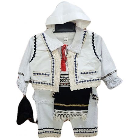 Costum traditional bebe baieti, camasa alba , vesta ivory , pantalon alb cu , opinci negre,traistuta  si cusma alba