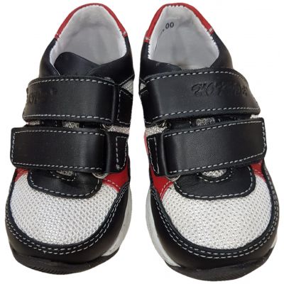Pantofi sport din piele naturală pentru bebe băiat, model cu susținere gleznă negri cu alb și roșu