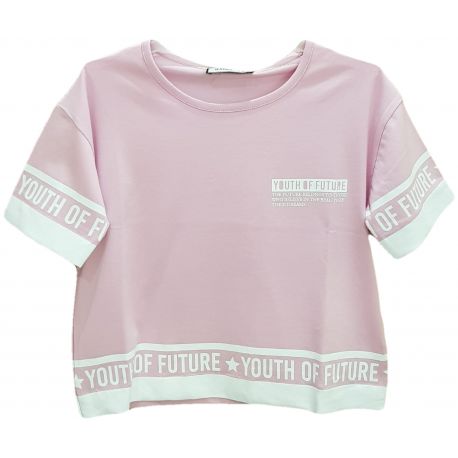Tricou pentru fete, cu maneca scurta, de culoare roz pal cu scris la maneci