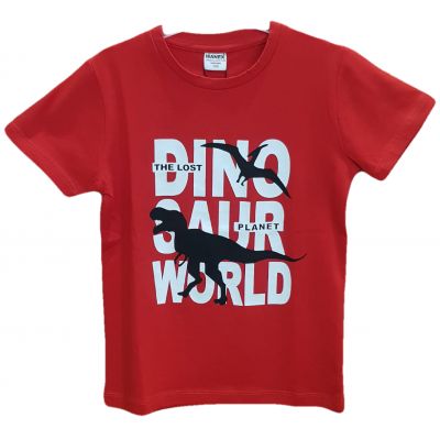 Tricou pentru baieti, cu maneca scurta, de culoare rosu, cu imprimeu dinozauri