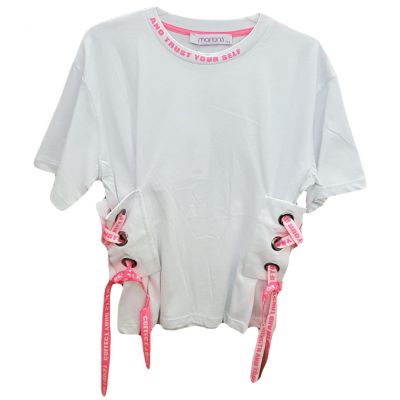 Tricou pentru fete, model cu maneca scurta, de culoare alb cu snur roz