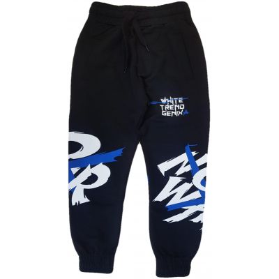 Pantalon cu imprimeu, negru cu alb și albastru
