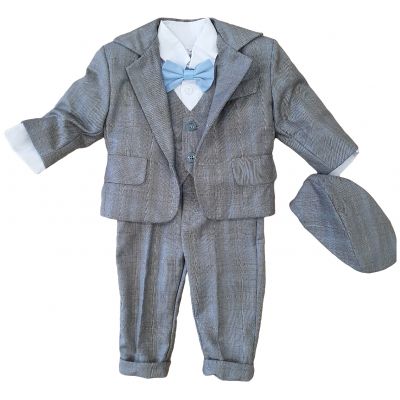 Costum bebe baieti din stofa tergal de culoare gri cu bleu deschis