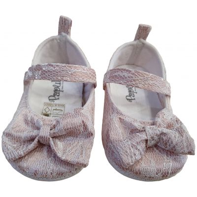 Pantofi bebe fetite din panza brodata roz pal cu funda in fata